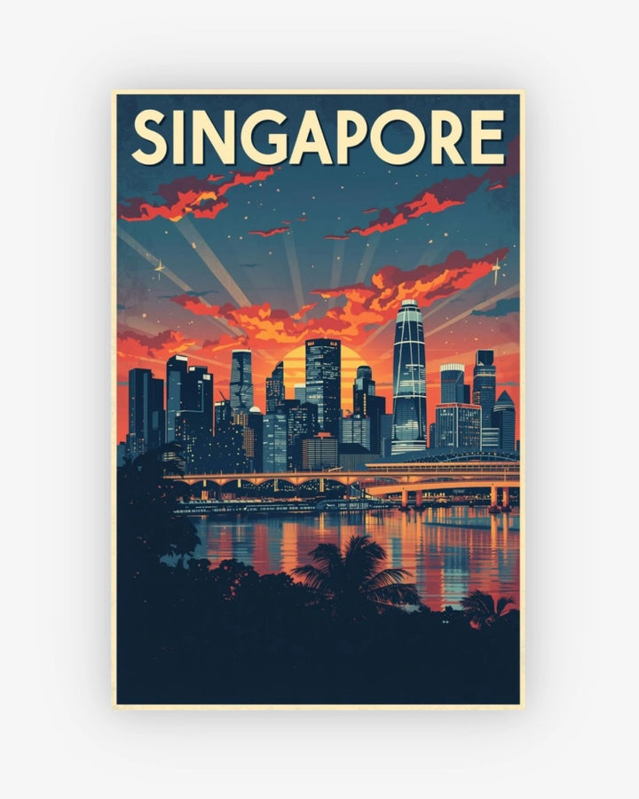 Surreal cityscape with 'Singapore' text against a sunset sky