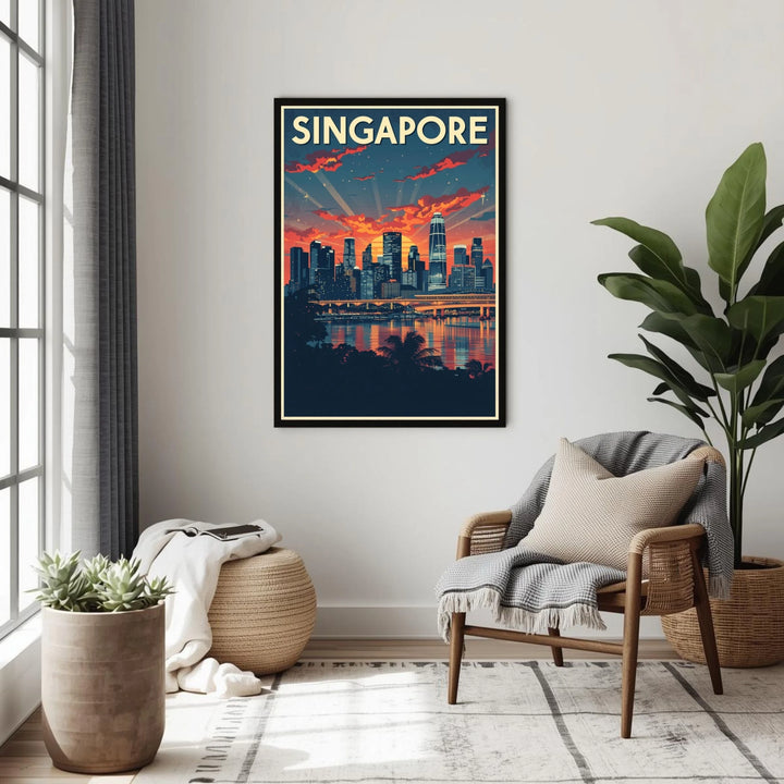 Framed poster of Singapore with a cityscape design in a modern living room.