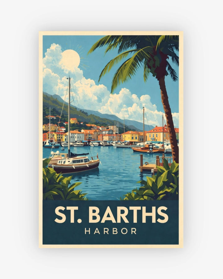 Poster of St. Barths harbor with boats and a palm tree.