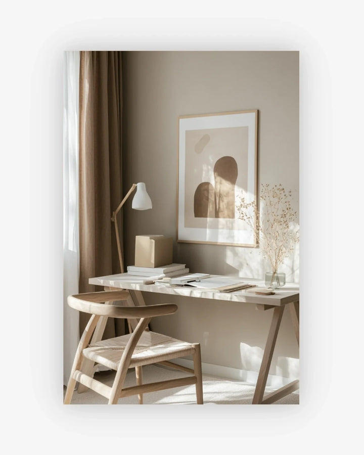 Minimalist home office with wooden desk, chair, and framed artwork on a beige wall.