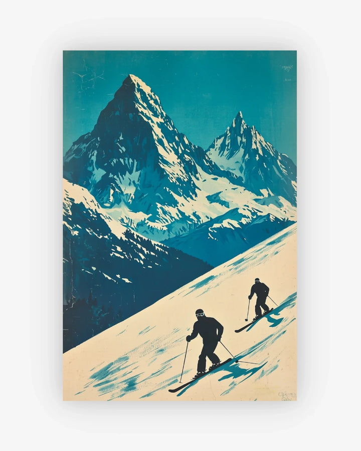 Two skiers on a mountain slope with a large mountain peak in the background
