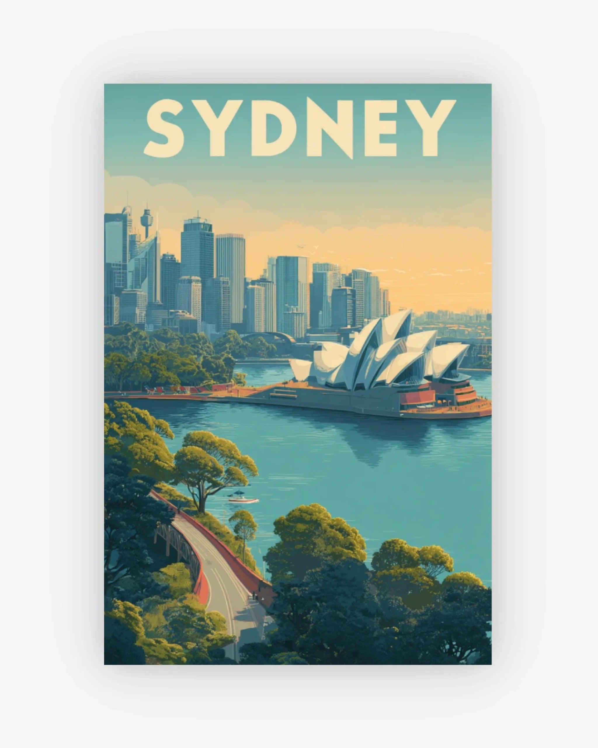 Vintage-style poster of Sydney with the Opera House and city skyline.
