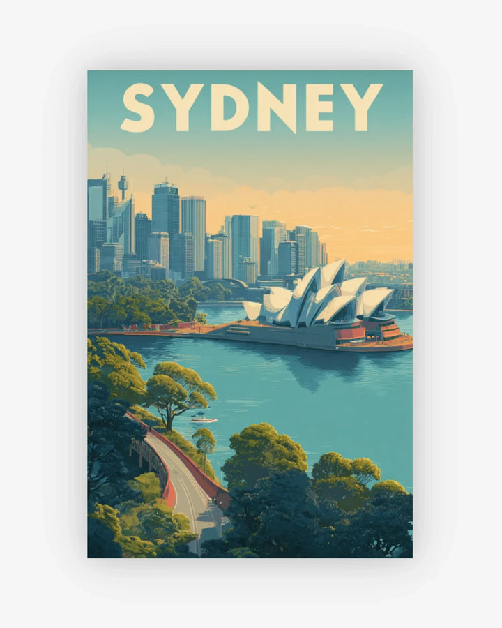 Vintage-style poster of Sydney with the Opera House and city skyline.