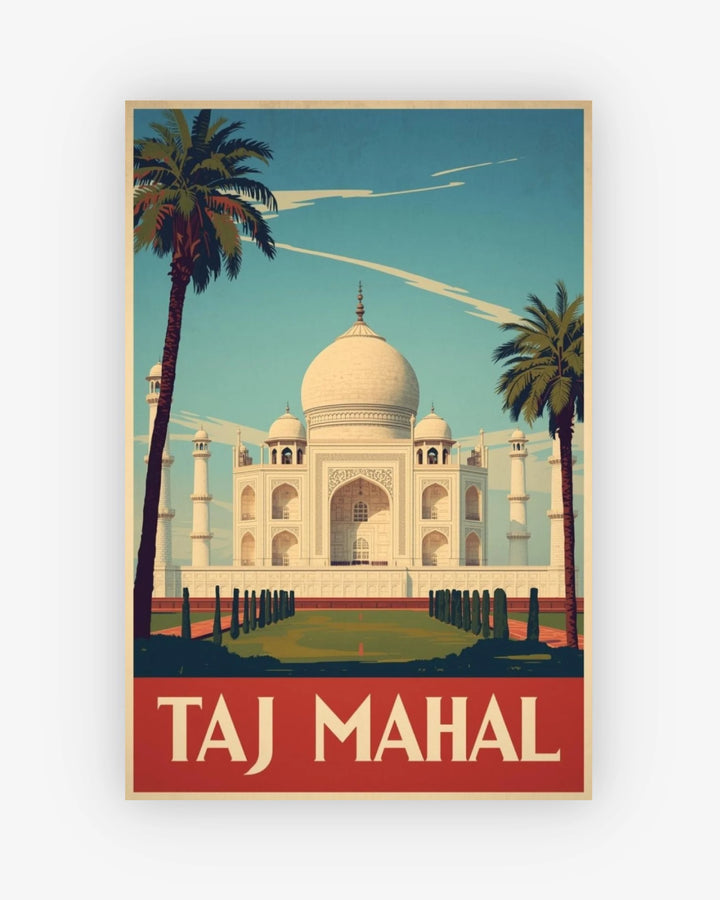 Vintage-style poster of the Taj Mahal with palm trees and a blue sky.