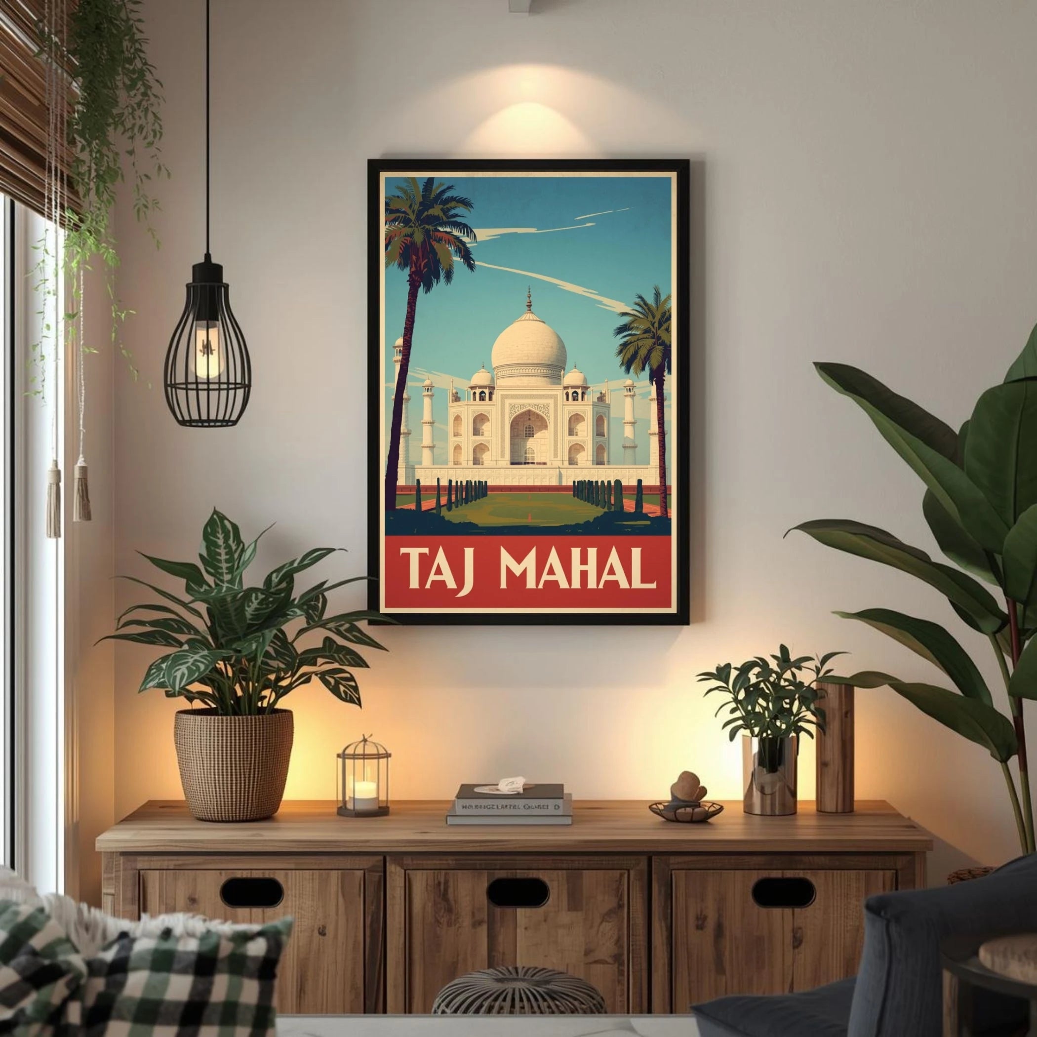 Framed poster of the Taj Mahal in a living room with plants and a wooden cabinet.