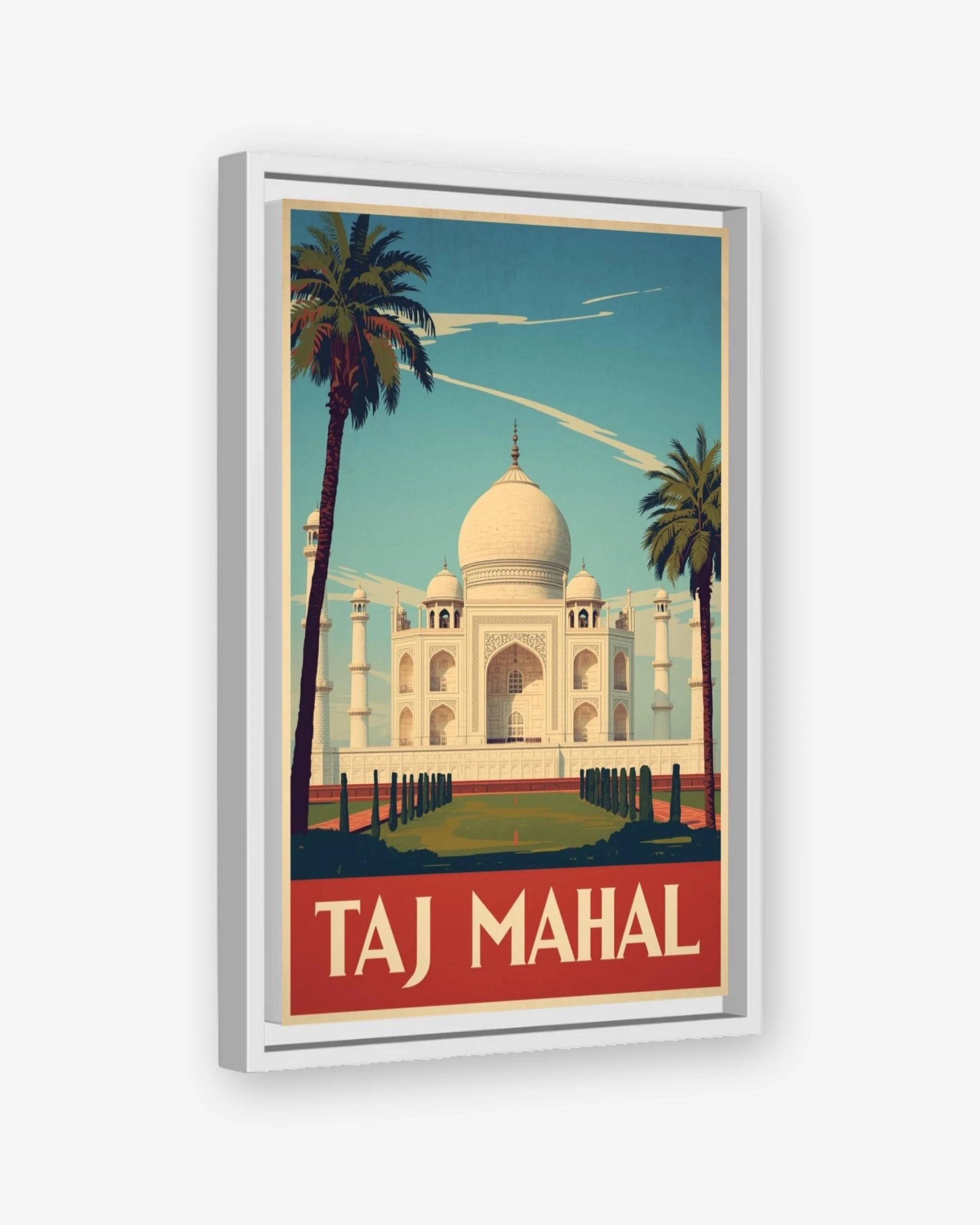 Taj Mahal travel poster white framed canvas