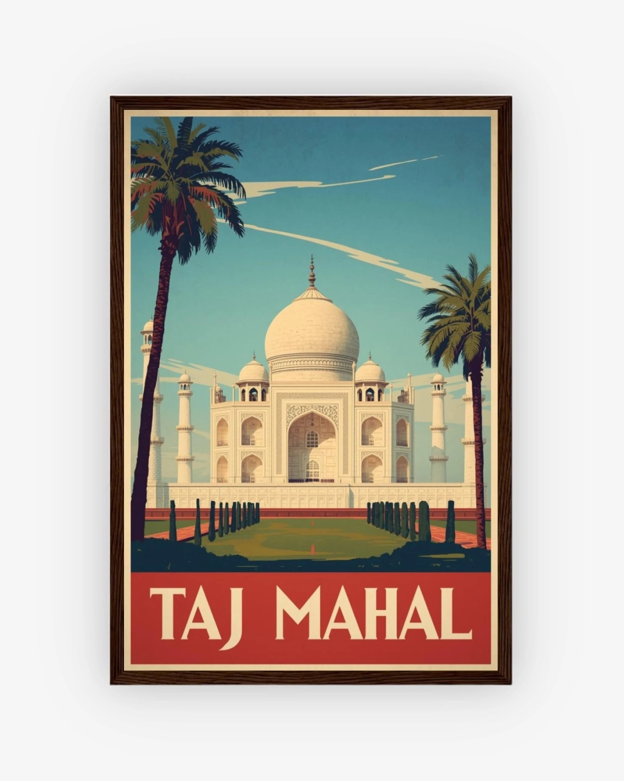 Taj Mahal travel poster with dark wood frame