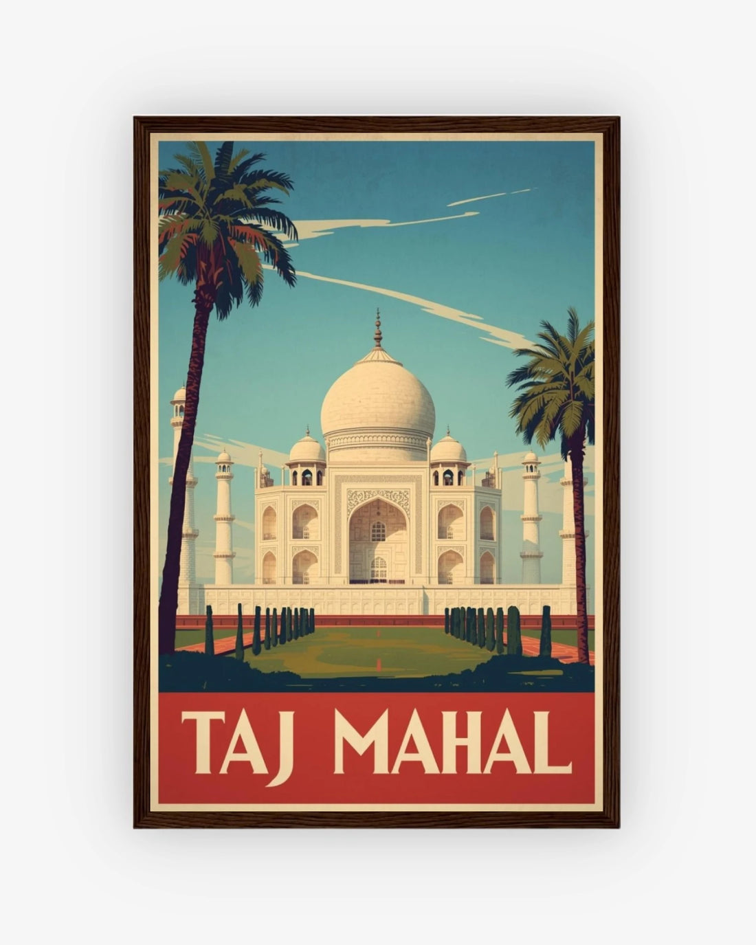 Taj Mahal travel poster with dark wood frame