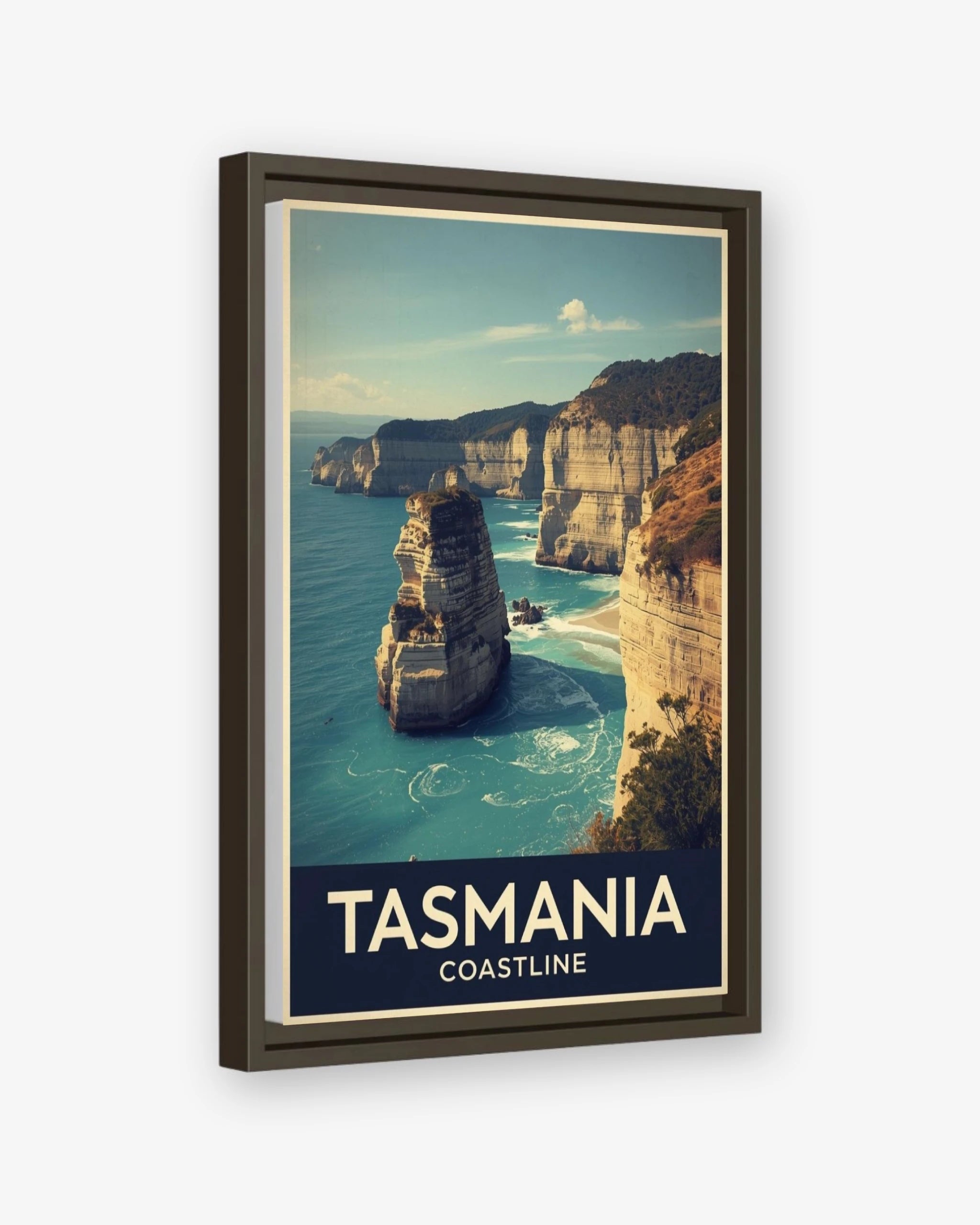 Tasmania Coastline travel poster espresso framed canvas
