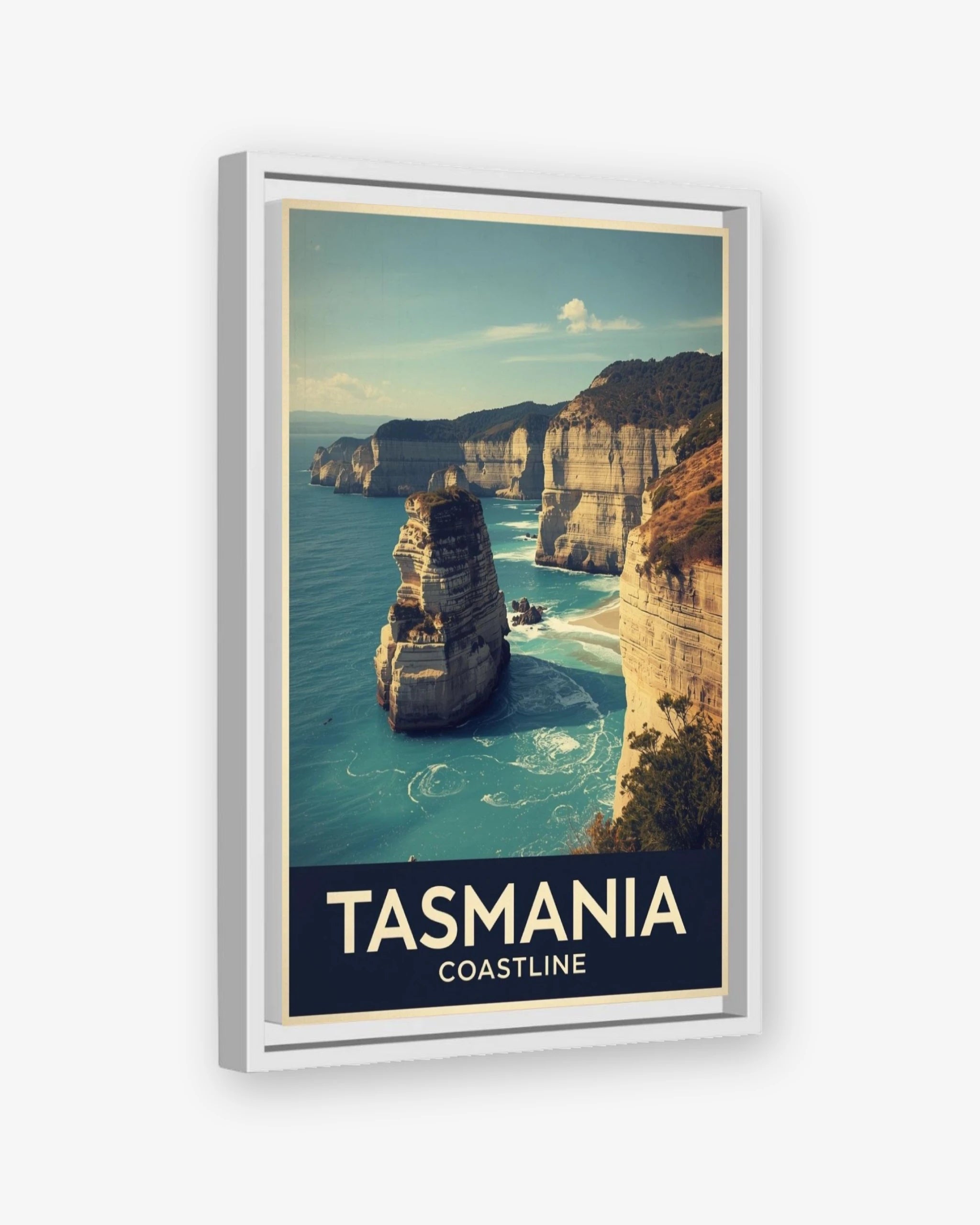 Tasmania Coastline travel poster white framed canvas