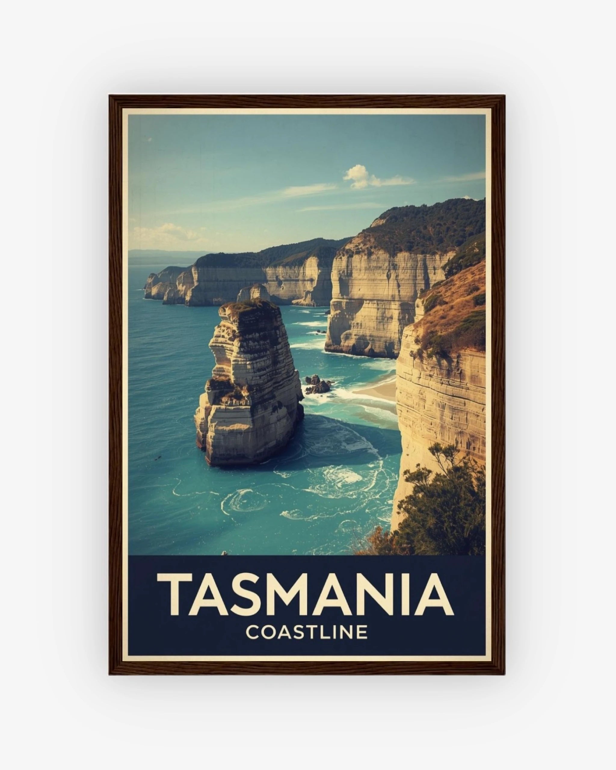 Tasmania Coastline travel poster with dark wood frame