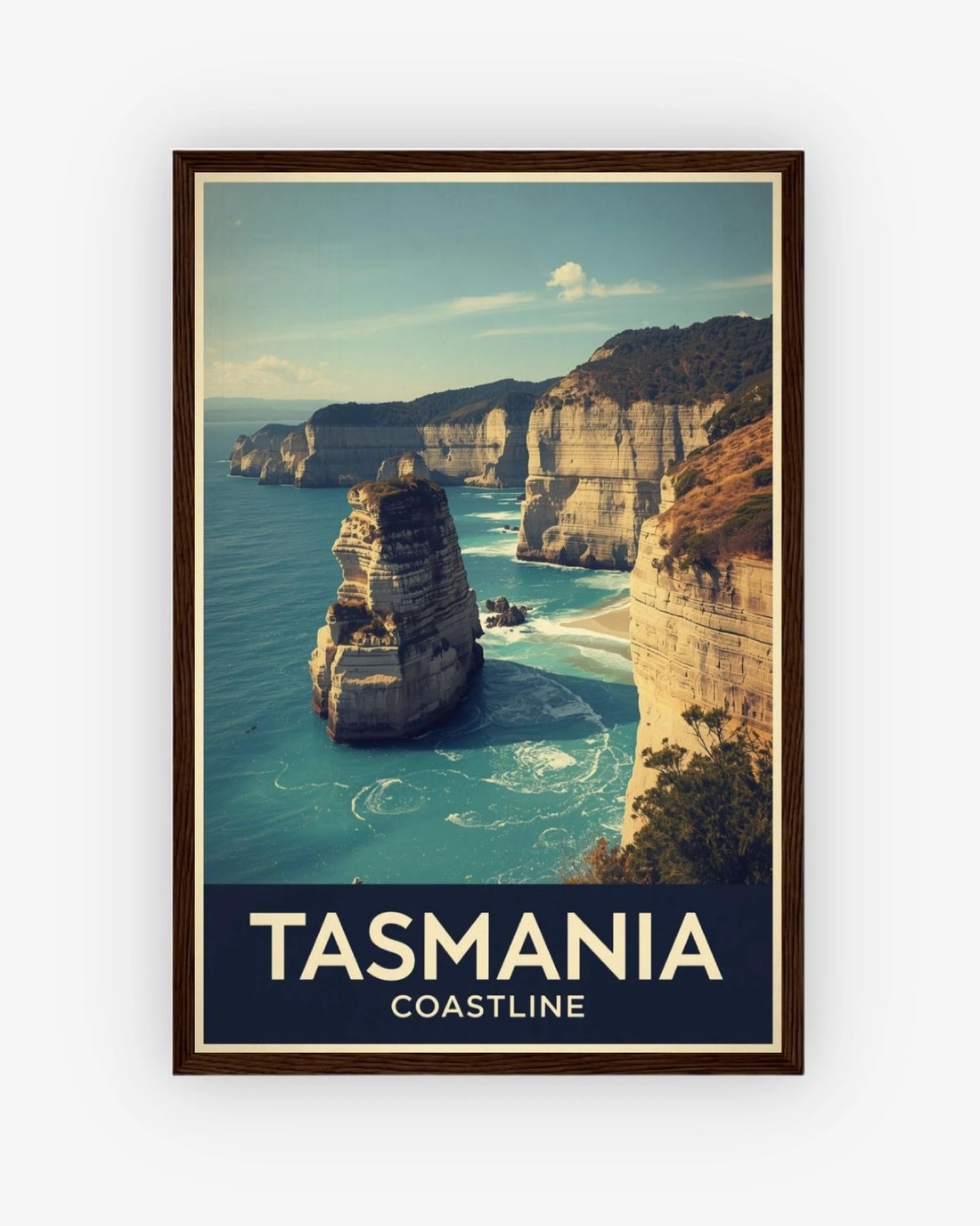 Tasmania Coastline travel poster with dark wood frame