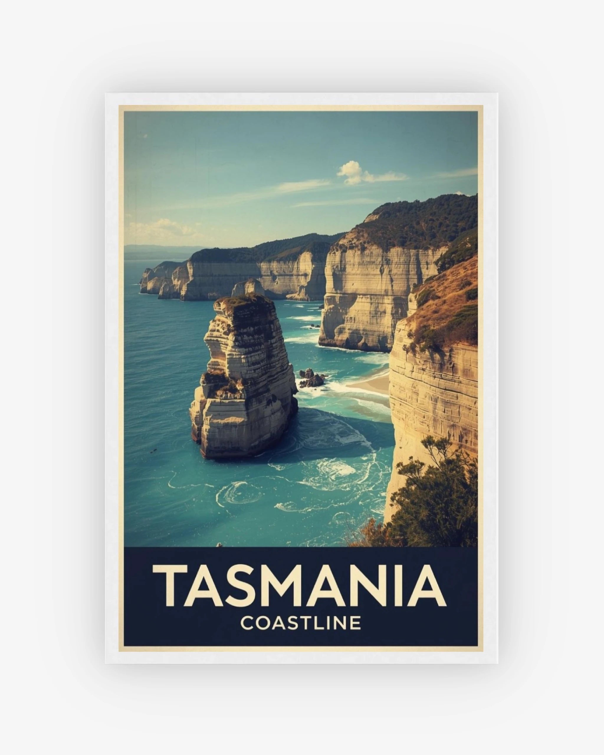 Tasmania Coastline travel poster with white frame