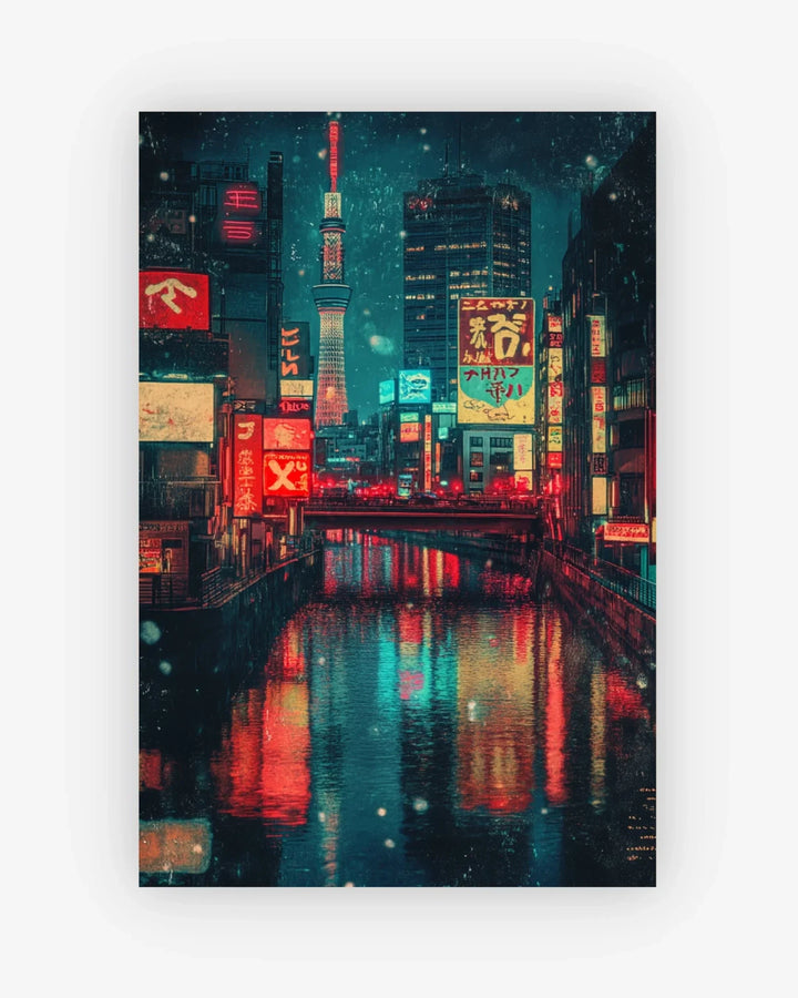 Cityscape at night with illuminated signs and reflections in water