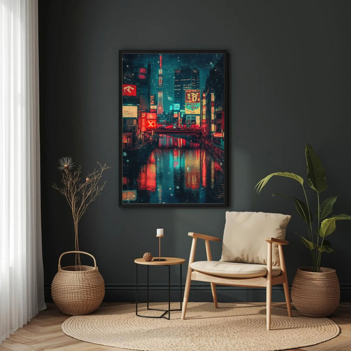 Modern interior with a framed cityscape print on a dark wall, wooden chair, side table, and plants.