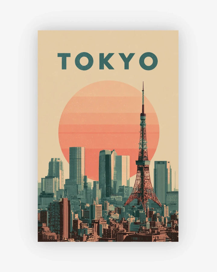 Vintage-style poster of Tokyo with the Eiffel Tower and city skyline.