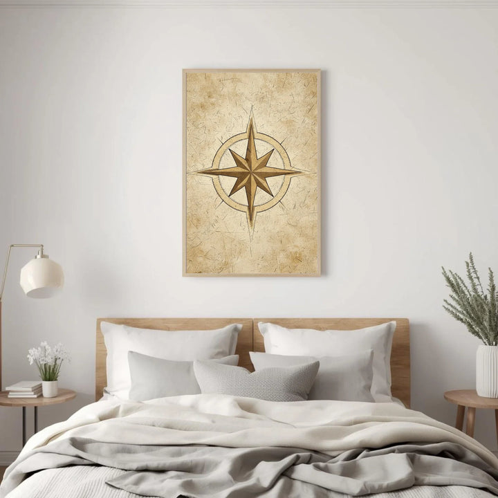 Bedroom with a wooden headboard, white bedding, and a decorative compass rose painting on the wall.