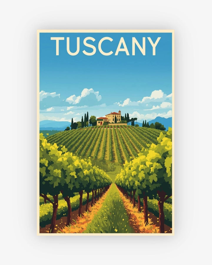 Poster of Tuscany with vineyards and a house on a blue sky background
