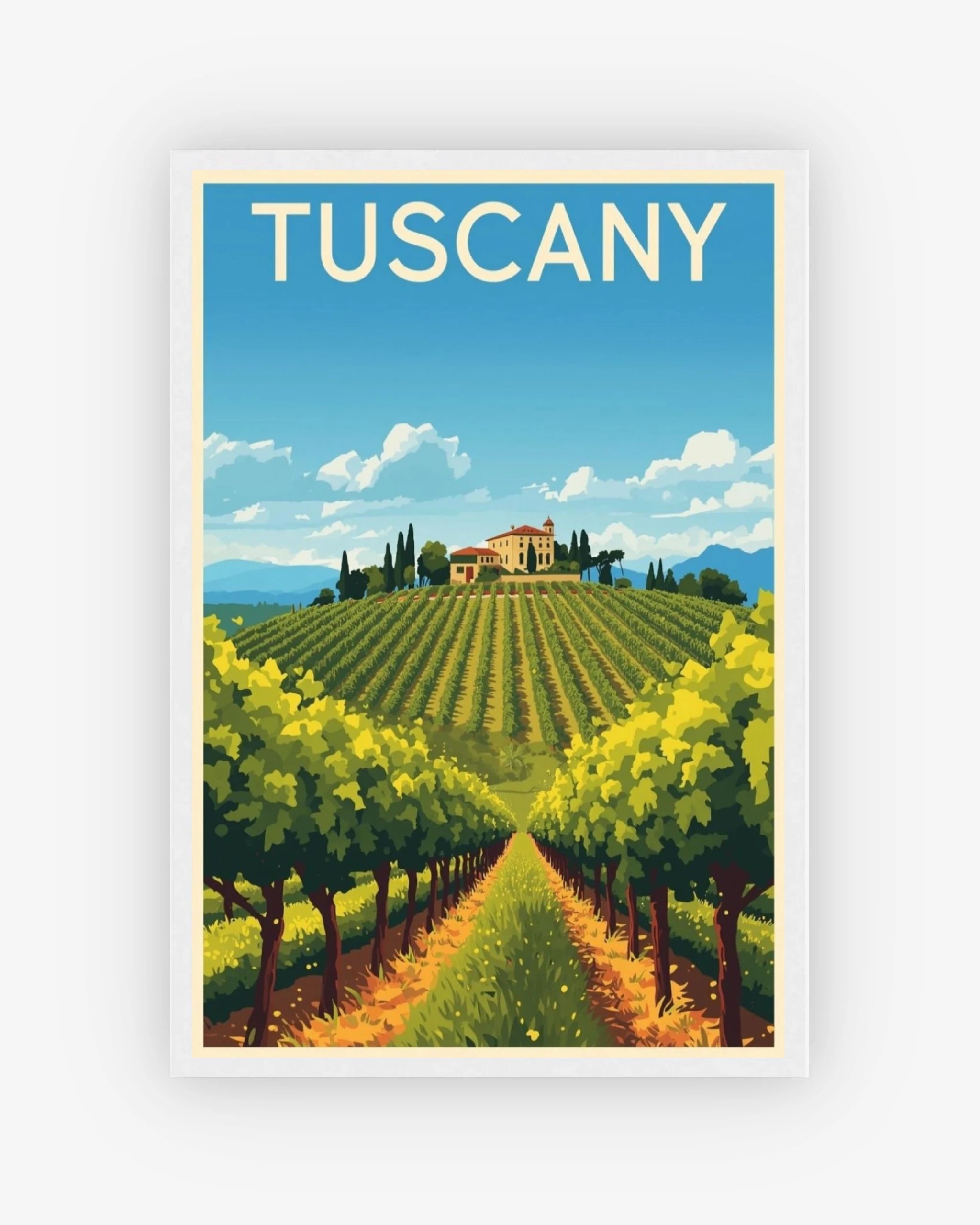 Tuscany travel poster with white frame