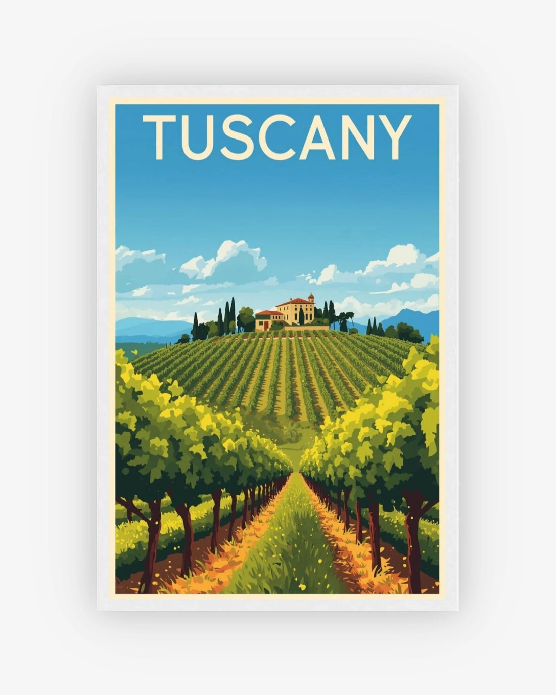 Tuscany travel poster with white frame