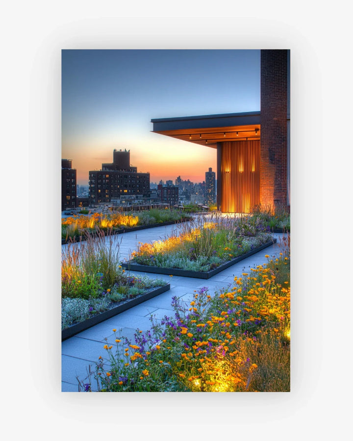 Roof garden with plants and flowers at sunset, city skyline in the background