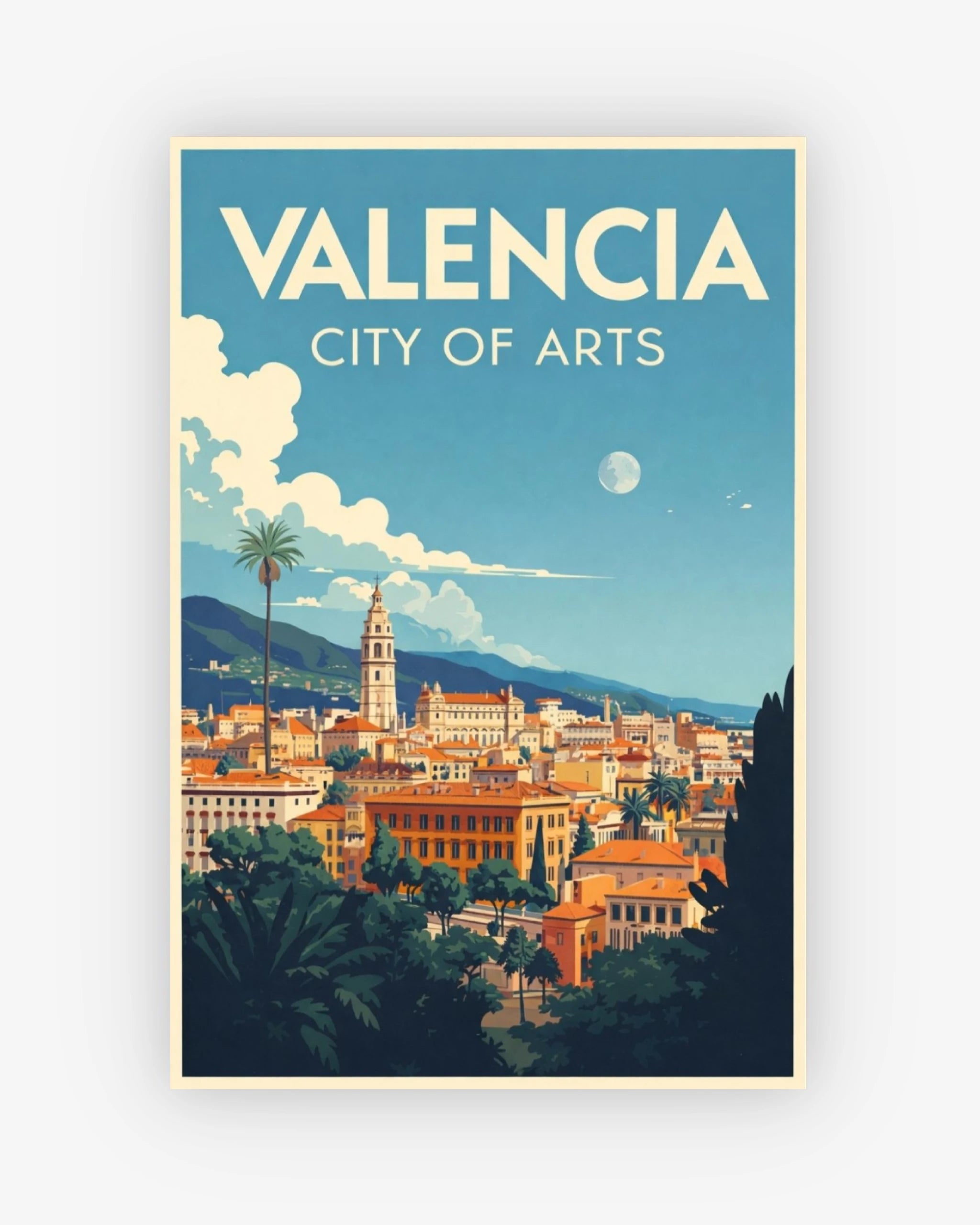 Poster of Valencia, Spain with a cityscape and 'Valencia City of Arts' text on a blue background.