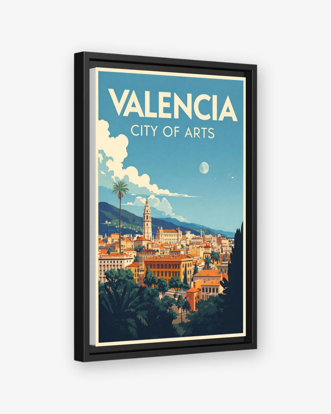 Valencia City of Arts travel poster black framed canvas