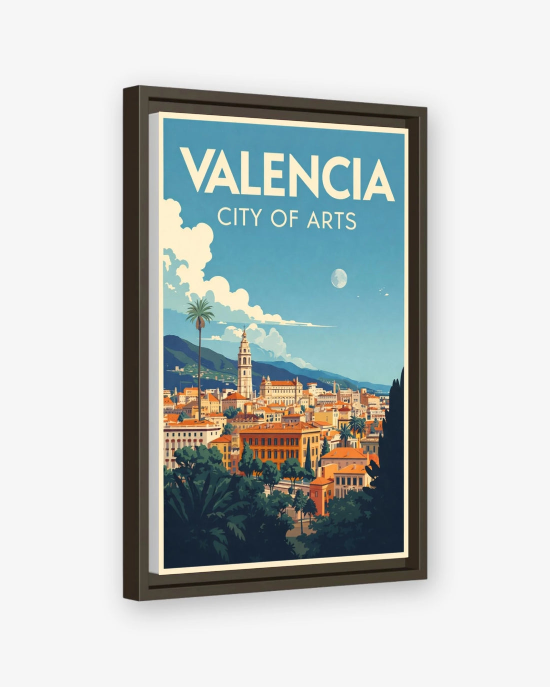 Valencia City of Arts travel poster espresso framed canvas