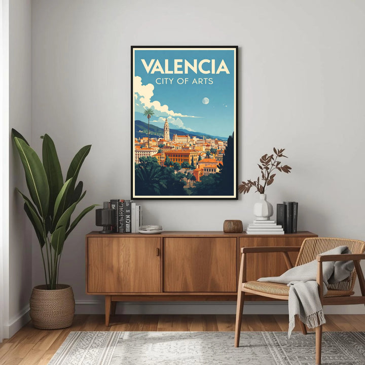 Living room with a 'Valencia City of Arts' poster on the wall, wooden sideboard, and chair.