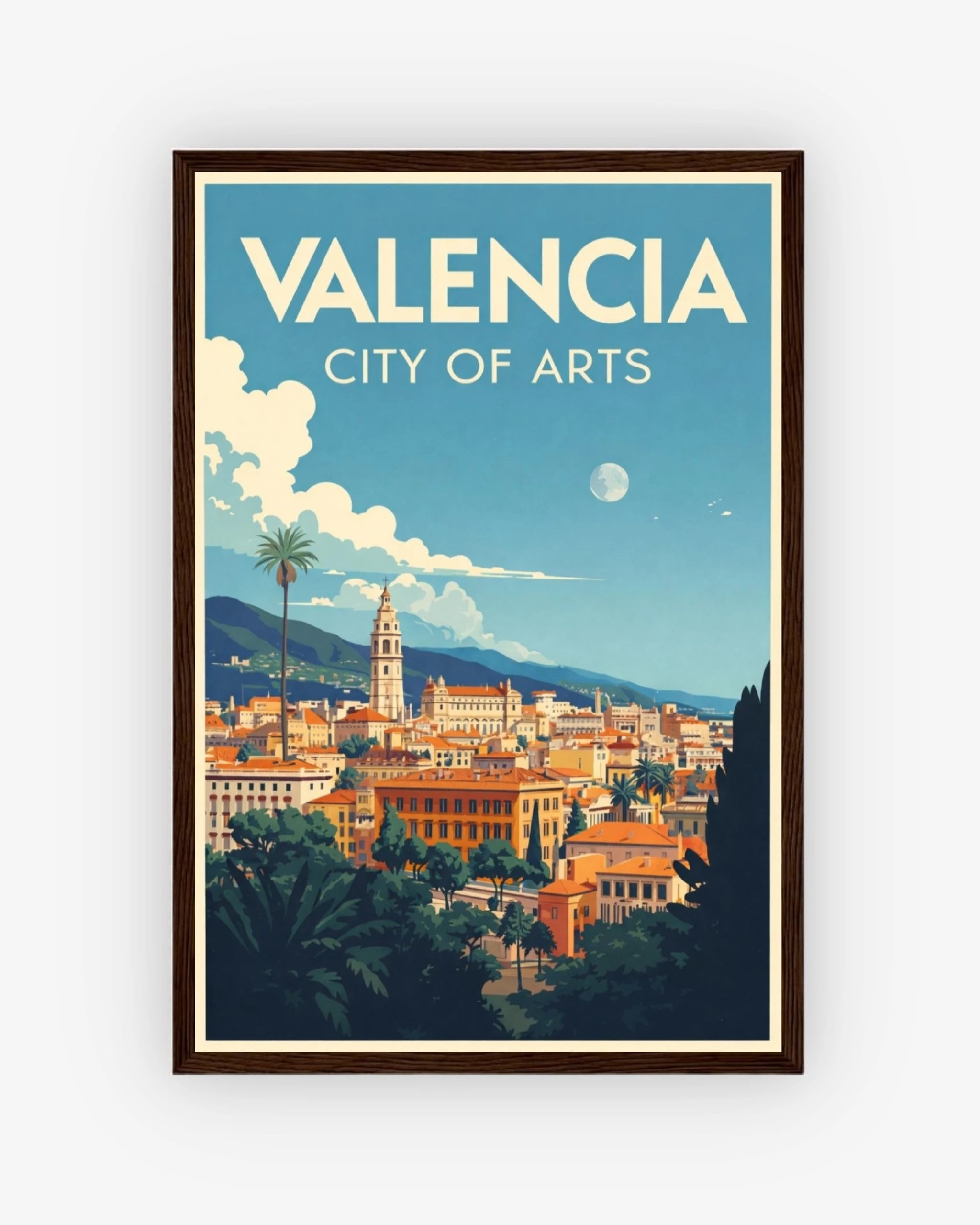Valencia City of Arts travel poster with dark wood frame