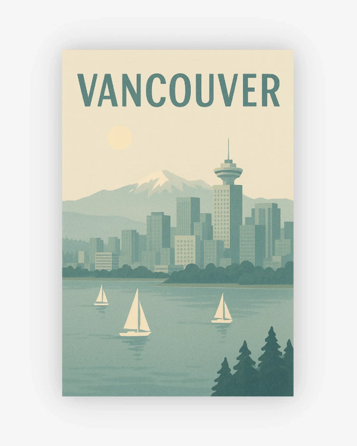 Poster of Vancouver with city skyline, mountains, and sailboats on a lake.