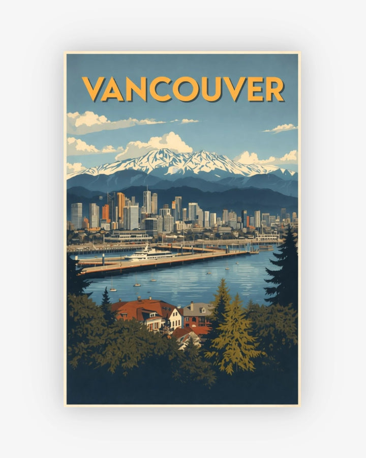 Vintage-style poster of Vancouver with city skyline and mountains.