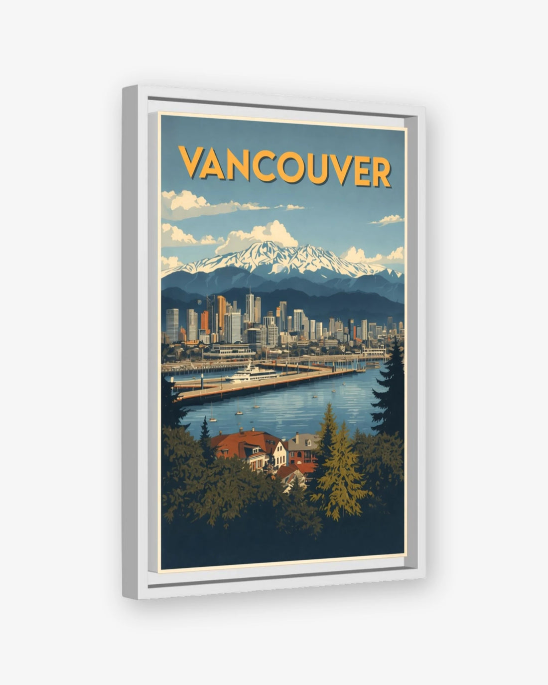 Vancouver travel poster white framed canvas