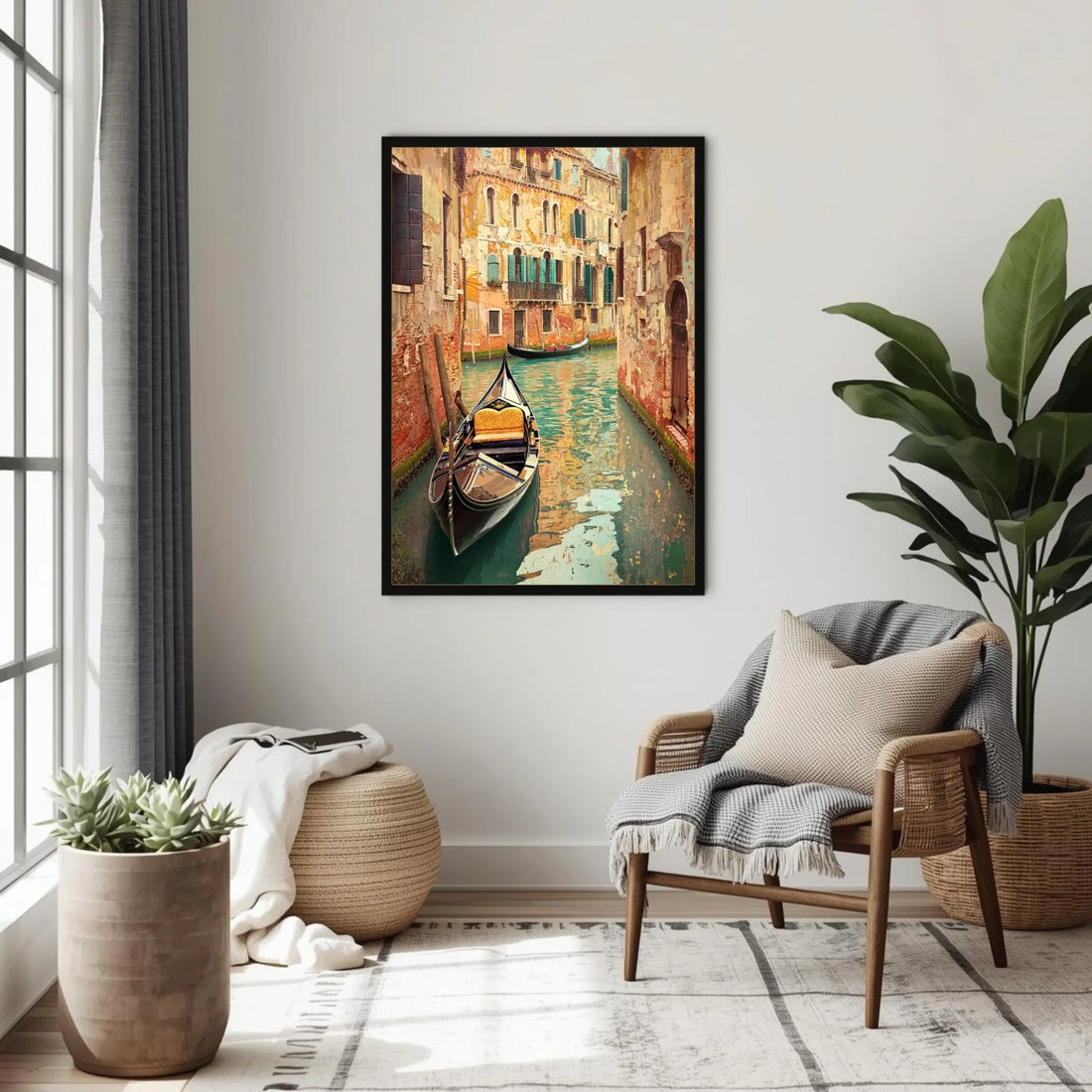 Living room with a framed painting of a canal scene, chair, and plants.