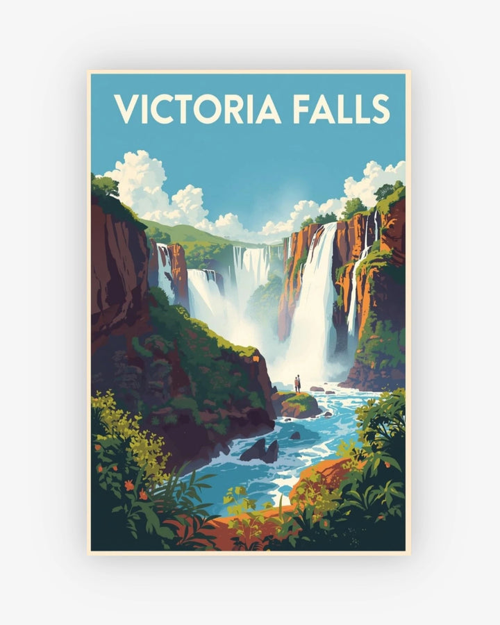Poster of Victoria Falls with a waterfall and lush greenery.