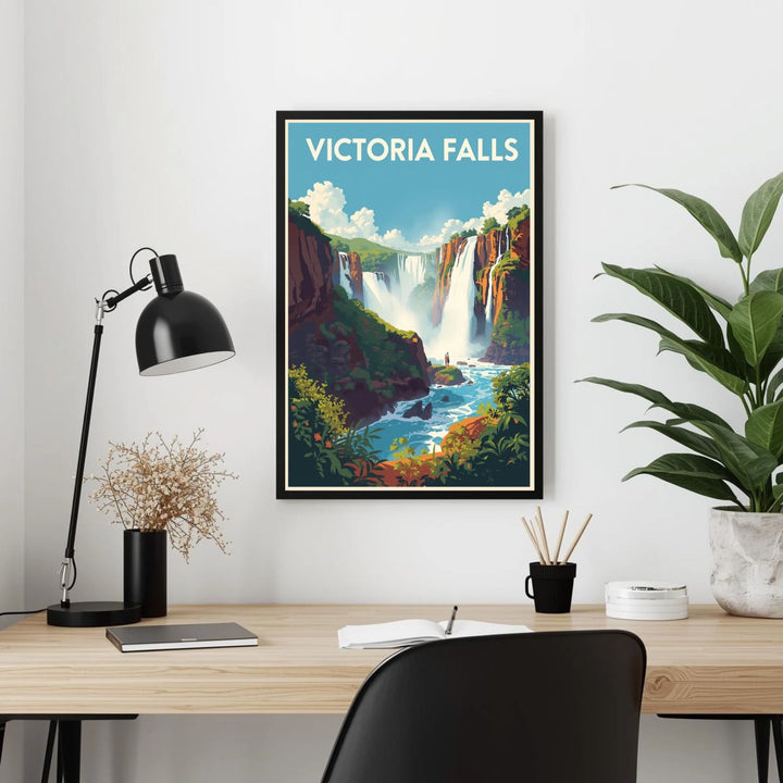 Framed Victoria Falls poster on a wall above a desk with a lamp and plant.