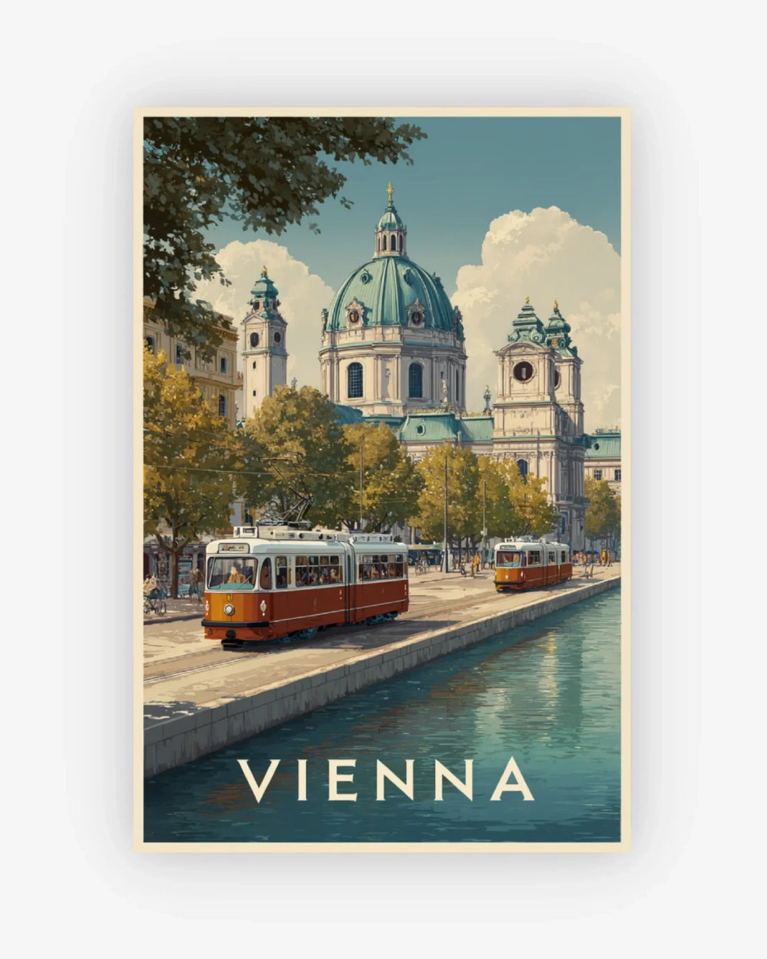 Vintage-style poster of Vienna with trams and a church.