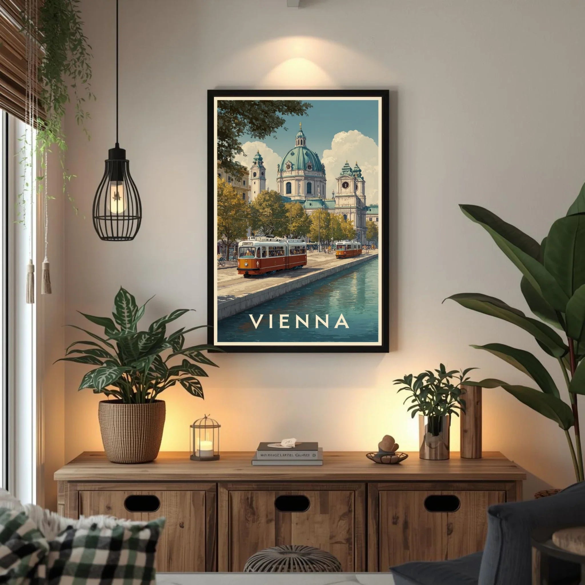 Living room with a Vienna-themed poster on the wall, plants, and wooden cabinet.