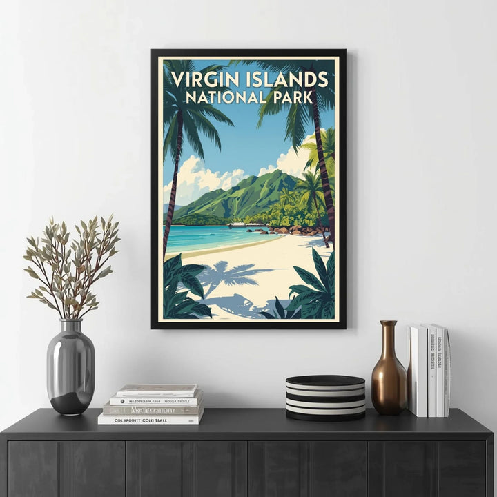Framed poster of Virgin Islands National Park on a wall above a black console table with decorative items.
