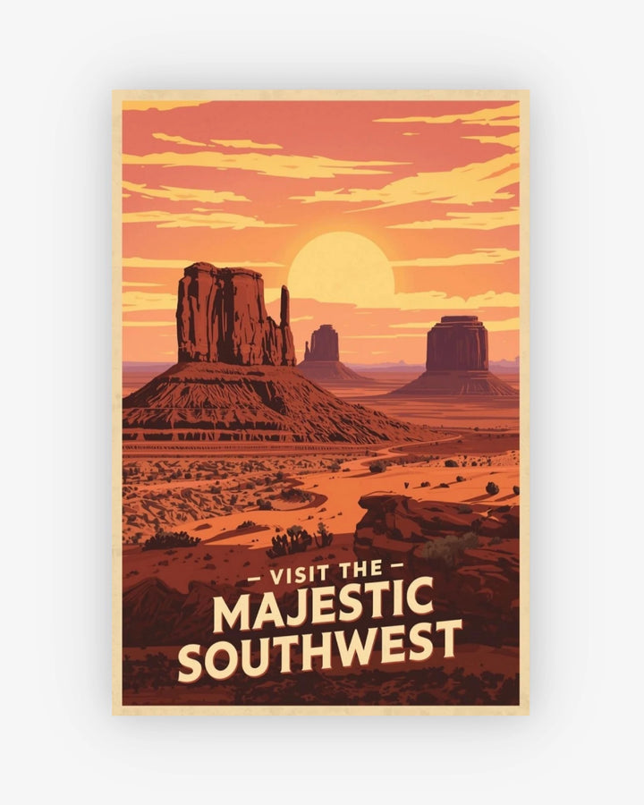 Vintage-style poster of the desert with 'Visit the Majestic Southwest' text.