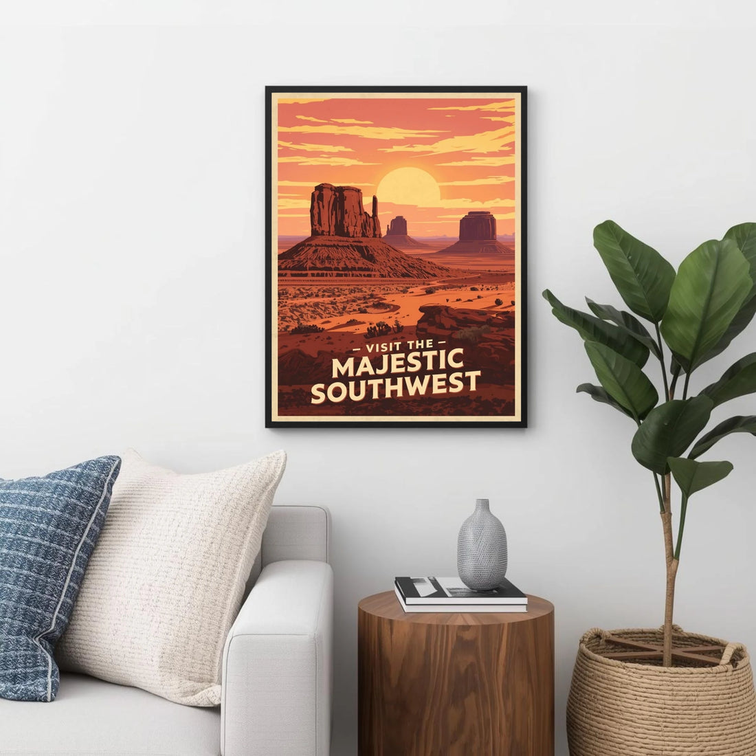 Framed artwork of a desert landscape with text 'Visit the Majestic Southwest' in a living room setting.