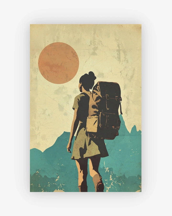 Illustration of a person with a backpack walking towards a large orange sun with mountains in the background.