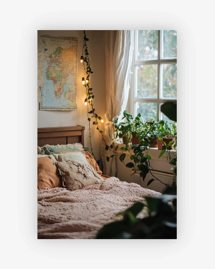 Cozy bedroom with a bed, plants, and a window with fairy lights.
