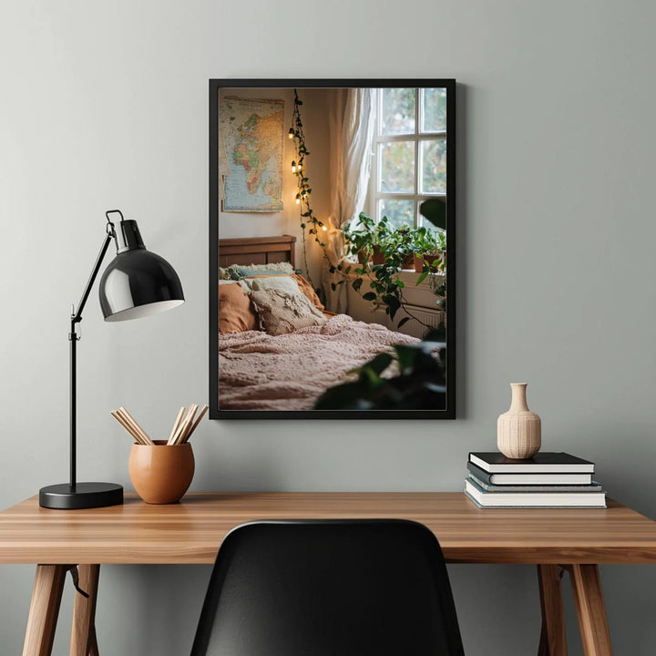 Framed photograph of a bedroom on a wall above a desk with decor items.