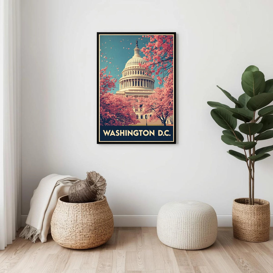 Framed poster of Washington D.C. with cherry blossoms on a wall in a room with decor elements.