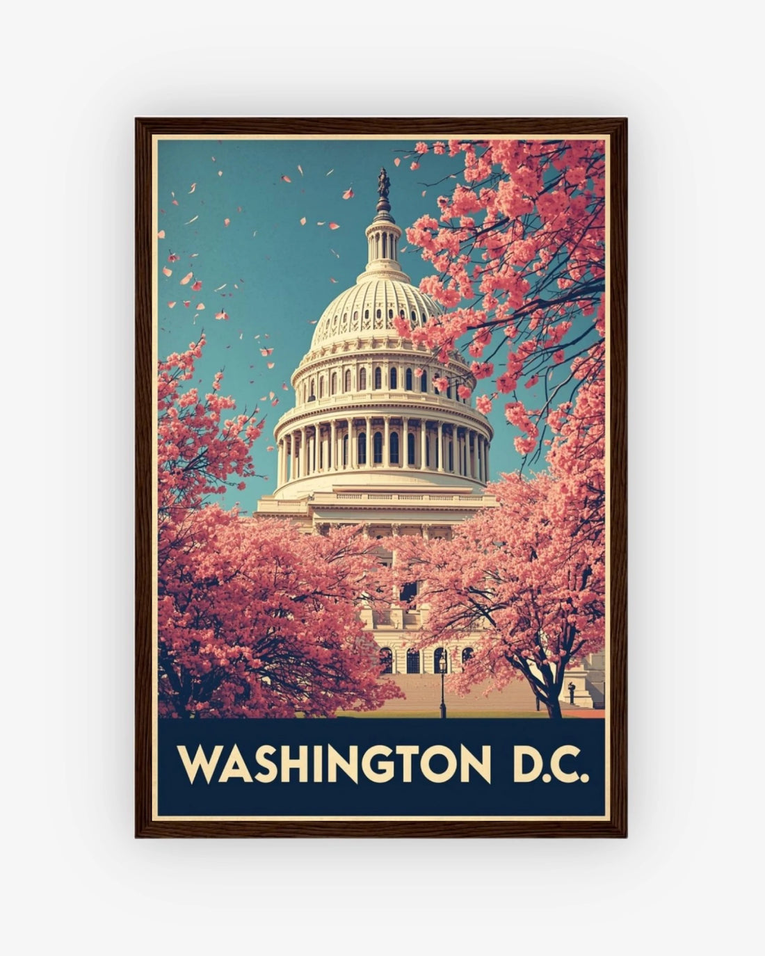 Washington D.C. travel poster with dark wood frame