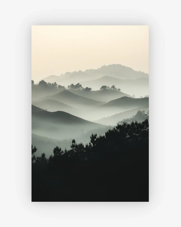 Surreal landscape with misty mountains and dark trees on a light background