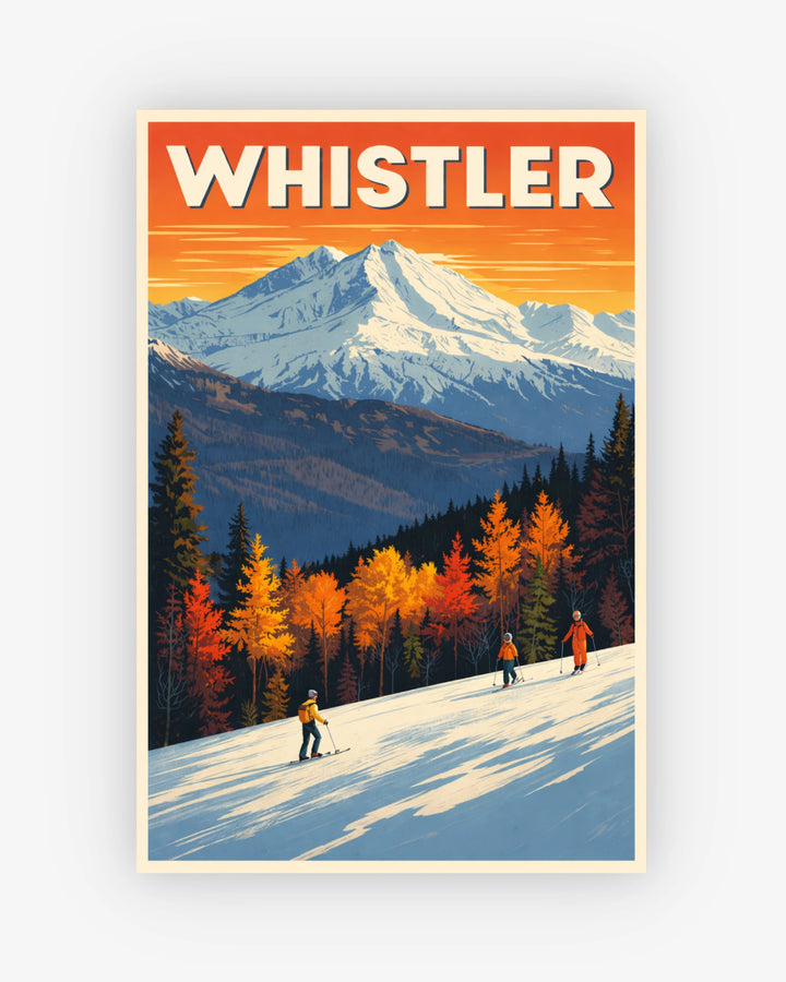 Vintage-style poster of Whistler with skiers on a mountain slope and autumn trees.