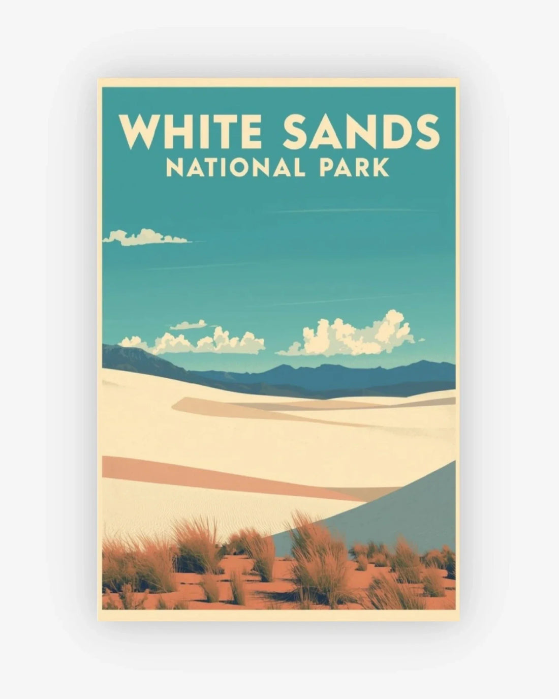 Poster of White Sands National Park with a scenic view and text on a teal background.