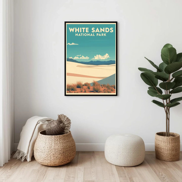 Framed poster of White Sands National Park on a wall with decorative plants and furniture.